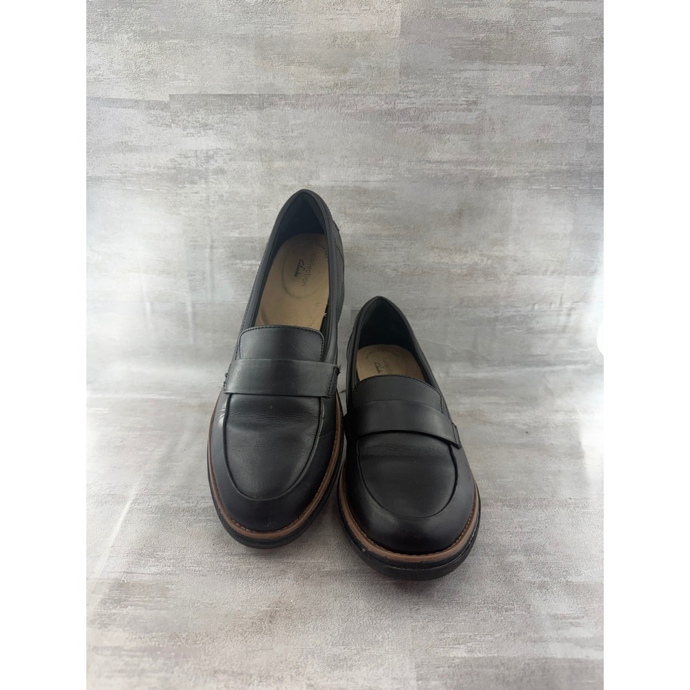 Clarks Collection Women Black Leather Wedge Penny Loafers 26156816 Size 8M